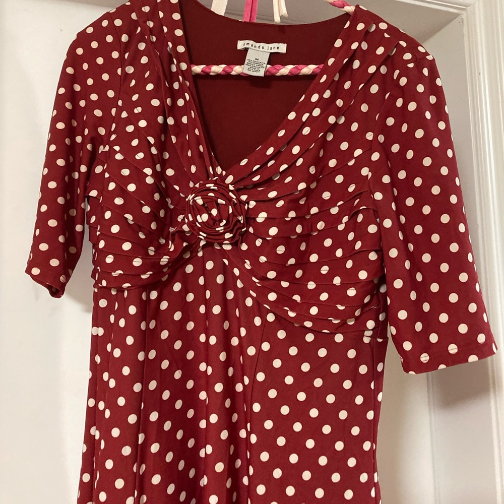 Amanda Lane brand Red & White Polka Dot Dress with fabric flower - Medium size